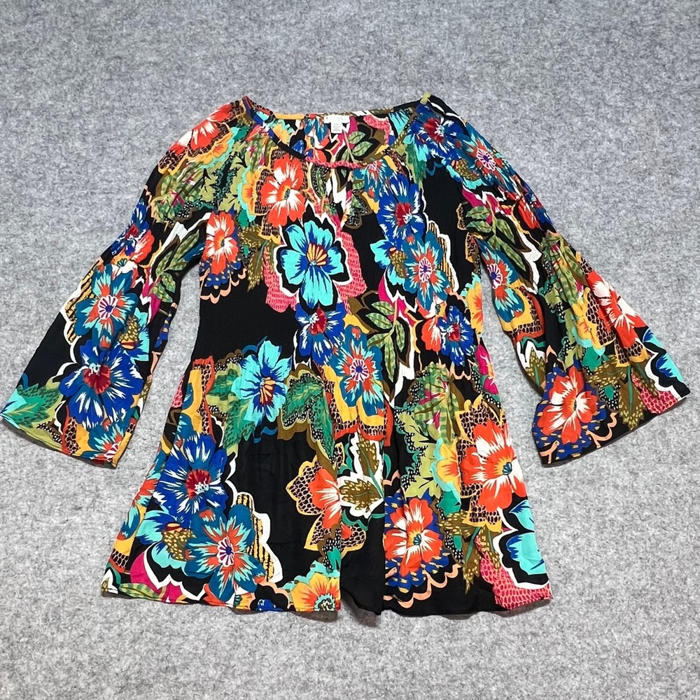 Spense Floral Bell Sleeve Tunic Top‎ Multi Color Boho Keyhole Neck Small S/P